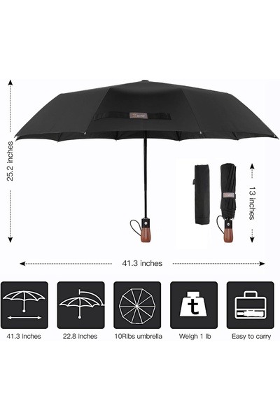 NO BRAND Umbrelă automată cu mâner din lemn și 10 spițe
