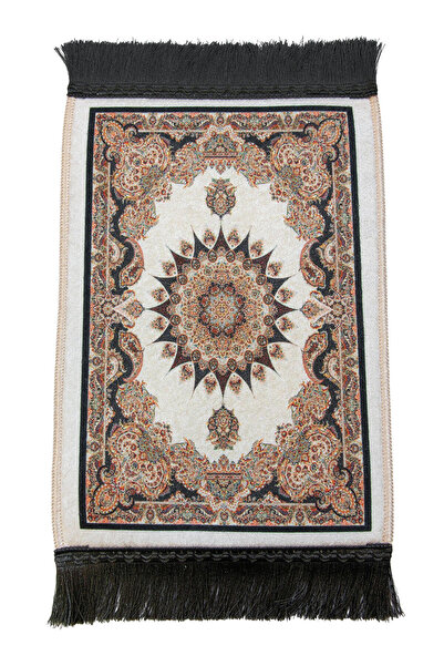 ihvan online Mini Alın Seccadesi Kaymaz Taban Desenli Cep Tipi Seyahat Namaz Seccadesi - Krem / Kahve