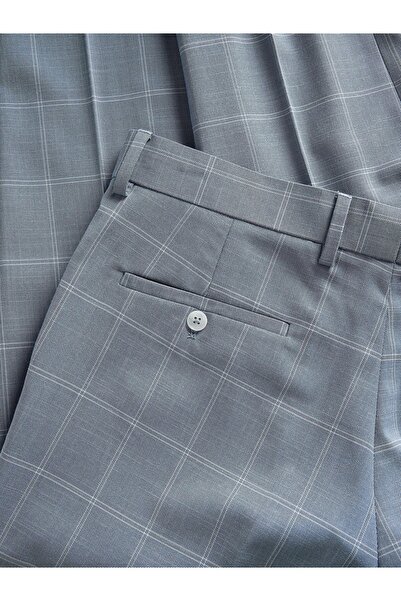 NO BRAND Pantaloni de costum albaștri cu model în carouri, cu bordură, croial...