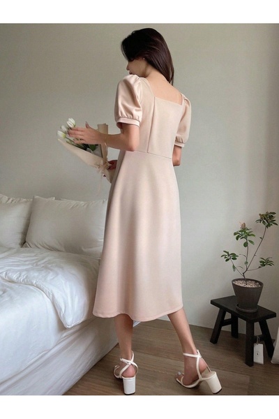 NO BRAND Rochie midi evazată bej, netedă, cu mânecă scurtă, clasică, Dazy XL