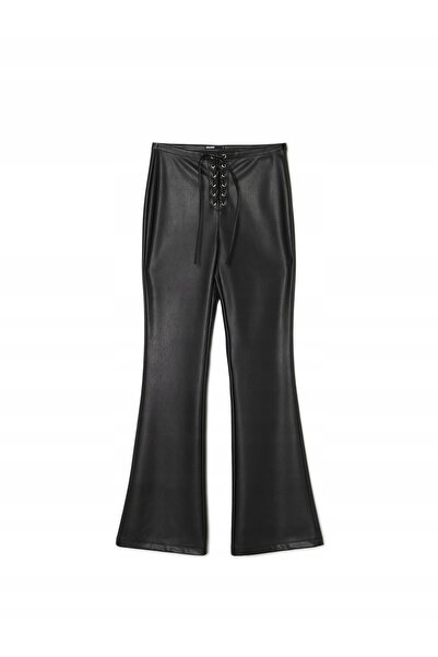 NO BRAND Pantaloni negri din piele de vacă, cu șnur, talie înaltă, L