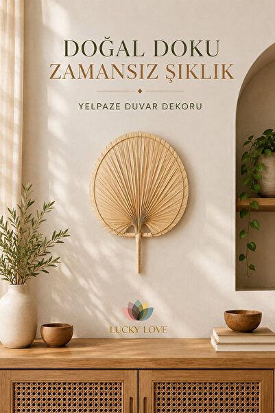 Lucky Love Doğal El Yapımı Yelpaze Duvar Dekoru 53x41 cm Hasır Duvar Süsü Boh...