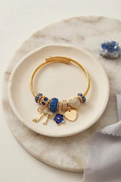 deluxe takı ve giyim Blue Color Gold Bracelet with Bow Charm