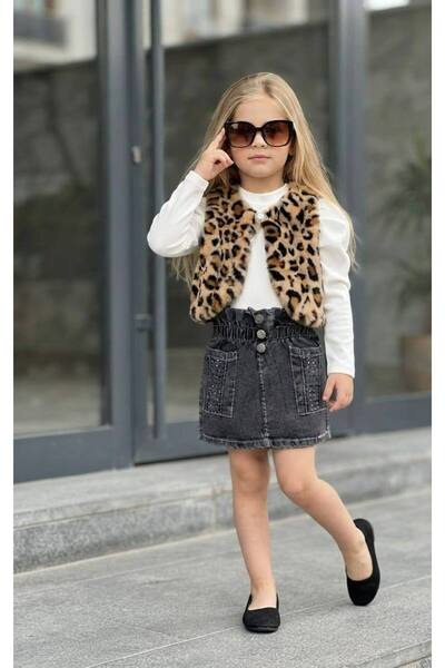 PALLERMO KİDS Leopard Vest and Denim Skirt 3-Piece Set for Girls