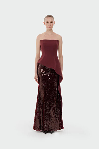 cercis KADIN ABİYE STRAPLEZ PEPLUM DETAYLI PULLU PAYETLİ UZUN ŞIK DAVET ELBİSESİ