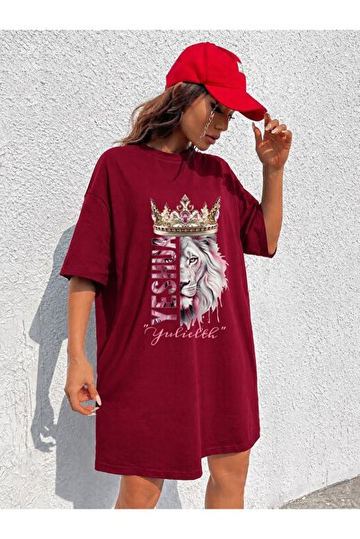 classy moda Γυναικείο μπλουζάκι με στάμπα Crowned Lion, εξαιρετικά μακρύ και ...
