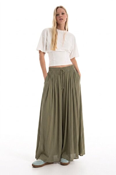 DAMGA JEANS Γυναικείο Φαρδύ Πράσινο Παντελόνι Palazzo για Καθημερινή Χρήση