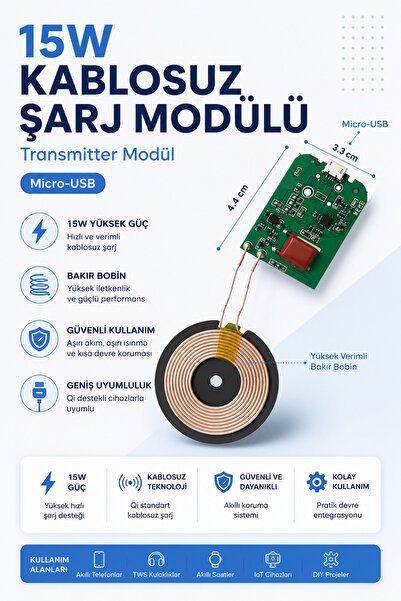 RoboPazar 15W Kablosuz Şarj Verici Modülü – Micro USB Girişli Wireless Chargi...