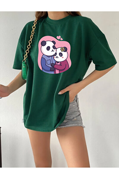 yombaa T-shirt με στάμπα LOVE PANDAS DESIGN, υπερμεγέθης, από χτενισμένο βαμβάκι