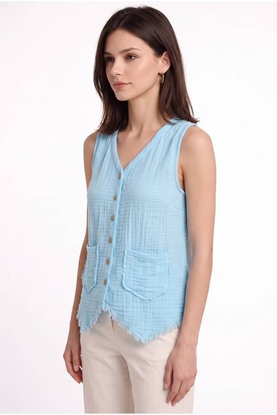 EGE OTANTİK BULDAN Women's 100% Cotton Muslin Buttoned V-Neck Tassel Vest with Inverted Stitching