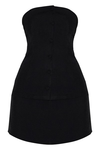 NO BRAND Prettylittlething 44 Rochie mini neagră cu umerii goi, nasturi, clasică