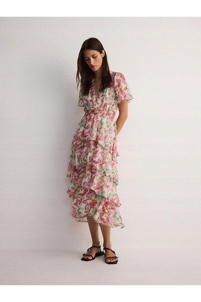 NO BRAND Rochie din șifon, evazată, cu imprimeu floral, cu mânecă scurtă, lun...