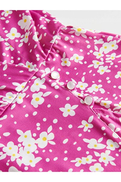 NO BRAND Rochie mini asimetrică roz cu imprimeu floral alb, mânecă scurtă, XS