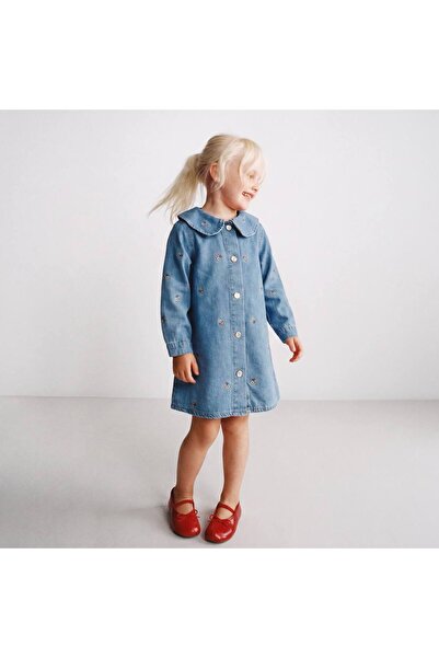 Argün kidss Çiçek Detay Nakışlı Denim Jeans Elbise