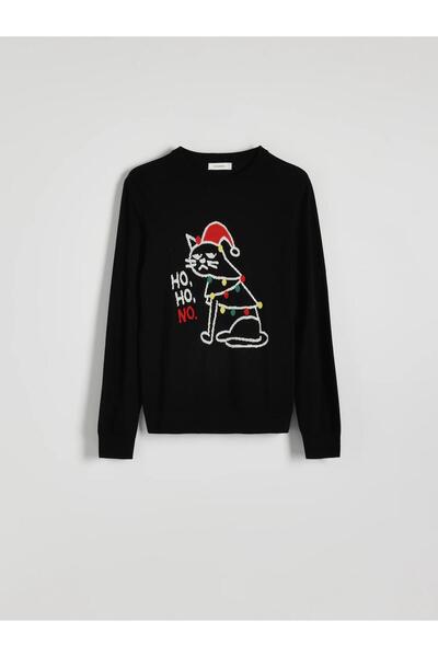 NO BRAND Pulover negru din bumbac, cu mâneci lungi, guler rotund, model de Cr...