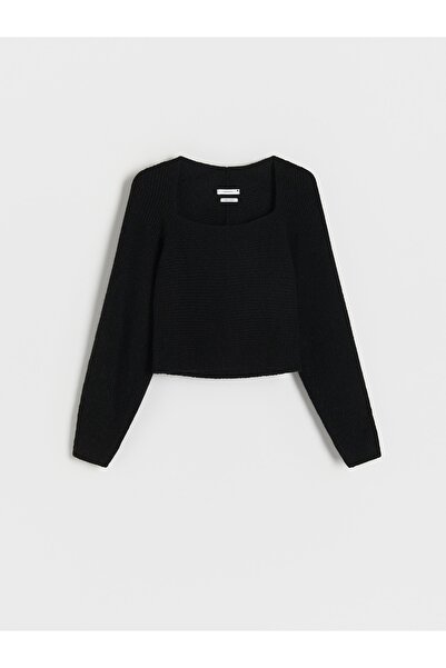NO BRAND Pulover cu decolteu pătrat, tricotat clasic, scurt, negru, reserved l