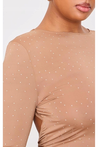 NO BRAND Rochie mini din denim bej, mulată, cu spatele deschis, PRETTYLITTLET...