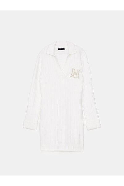 NO BRAND Rochie mini tricotată albă, simplă, tip pulover, cu mânecă lungă, br...