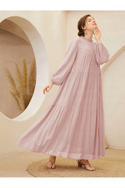 NO BRAND Rochie oversize roz, maxi, cu guler înalt, mâneci lungi, model în du...