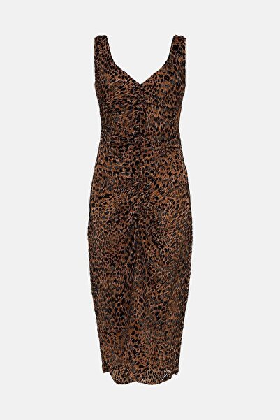 NO BRAND Rochie maro cu imprimeu panteră, decolteu în V, mâneci, șliț, Silk O...