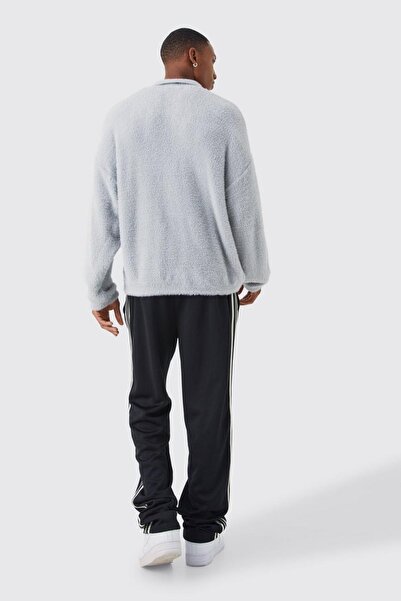 NO BRAND Pulover gri deschis cu nasturi, guler pufos, moale, clasic, Boohooman m