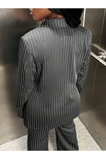 NO BRAND Blazer drept din grafit, cu dungi, mâneci lungi, Shein 40/42