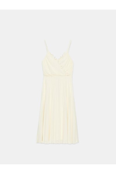 NO BRAND Rochie crem cu bretele plisate, cu volane, lungime midi, 42