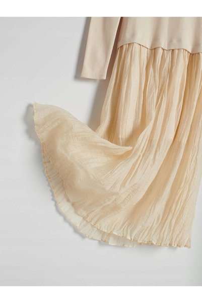 NO BRAND Rochie plisată crem, cu mânecă lungă, decolteu rotund, evazată, mări...