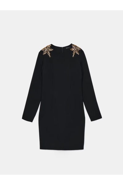 NO BRAND Rochie mini neagră simplă cu aplicație, mânecă lungă și decolteu rot...
