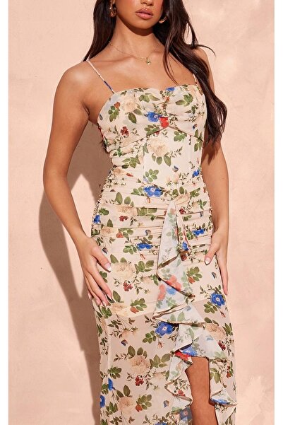 NO BRAND Rochie maxi florală crem cu volane și drapaje Prettylittlething 36