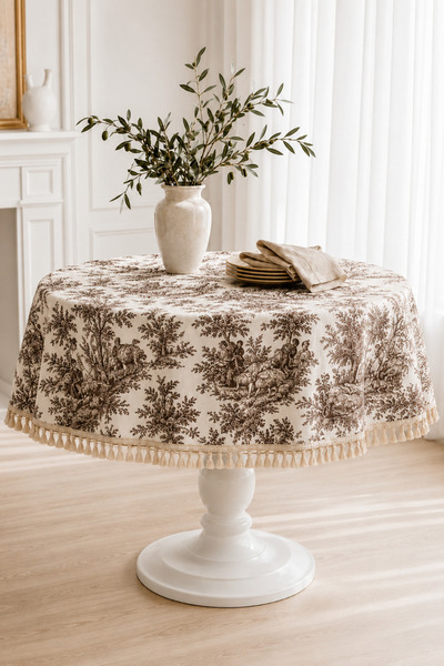 linea natura home Kahverengi Yuvarlak Duck Kumaş Fransız Köylü Desenli Püskül...