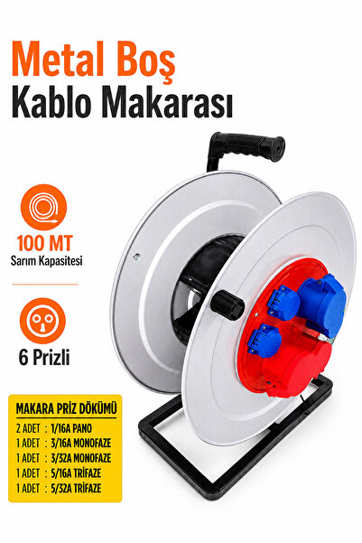 Badem10 Metal Kablo Sarma Makarası 100 MT Kapasiteli 6 Prizli Boş Makara Uzat...