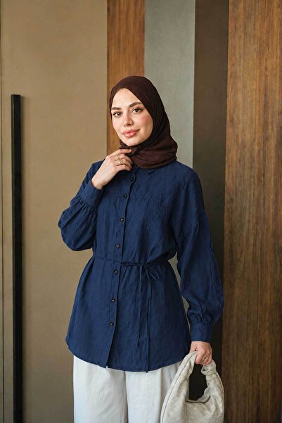 LOCCO Women's Front Hem Detail Waist Tie Shirt Navy Blue