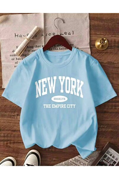 MORNİNG KİDS Girl's New York Printed Crew Neck Bebe Blue T-Shirt