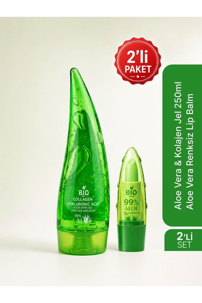 Bio Asia Aloe Vera Cilt Bakım Seti - Nemlendirici Jel 250 ml Kolajenli + Renk...