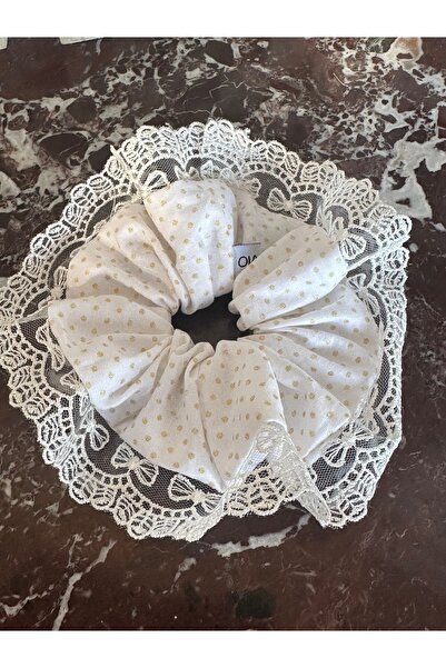 OIA Atelier Cotton Gold Glitter Polka Dot Printed Cream Bow Lace Scrunchie El...