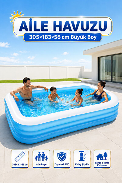 YILDIRIM OYUNCAK Aile Havuzu 305×183×56 cm – Büyük Boy Şişme Bahçe Havuzu, Da...