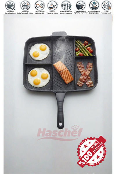 HASCHEF Zümrüt 5 Bölmeli Döküm Yanmaz Yapışmaz Koku Tutmaz Tava 38 Cm
