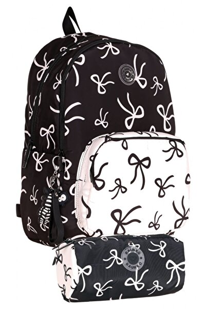 KAUKKO Bowknot Printed Girls' Black - White Primary School Backpack and Pen H...