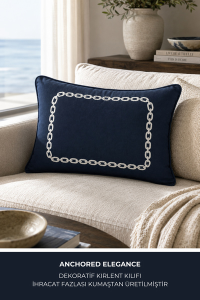 Ship Art Anchored Elegance Lacivert Zincir 60X40 CM Biyeli Nakışlı Kırlent Kı...
