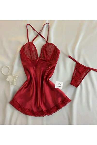 MH Moony Homewears طقم ملابس داخلية نسائية من الساتان الأحمر إكسترا ميني من ي...