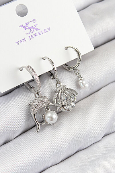 Mega Bazaar Brass Zircon Stone 3-Piece Dolphin and Oyster Model Silver Color ...