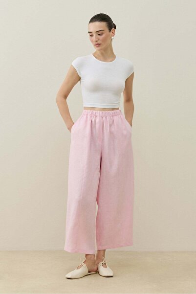 Molene Toz Pembe Barrel Fit Keten Pantolon