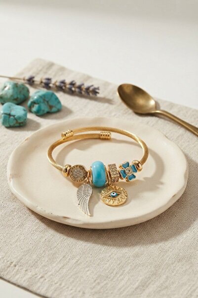 Inure Jewelry سوار ذهبي مزين بحجر العين باللون الأزرق