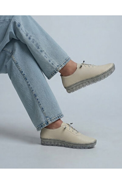 Enes Ayakkabıcılık Women's Lace-Up Silicone Sole Comfortable Daily Leather Shoes