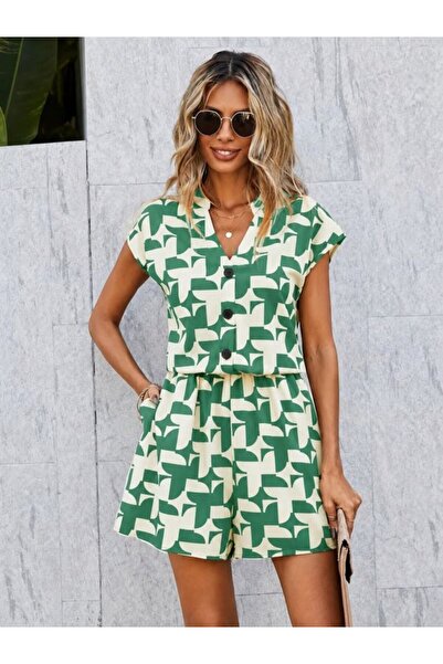 Şeker Portakalım Women's Short Sleeve V-Neck Buttoned Patterned Short Modal J...