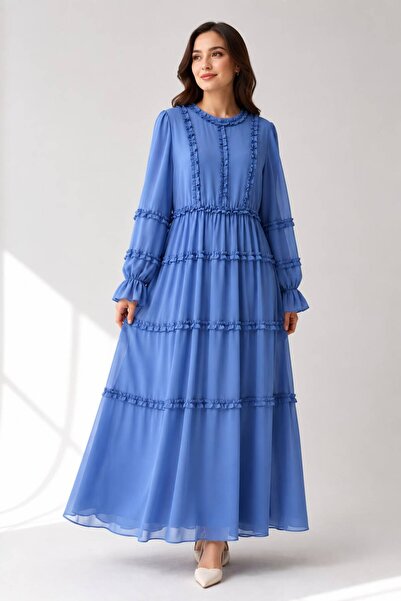 QARA Chiffon Dress with Elastic Waist and Ruffle Details