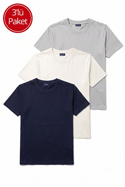 3 Adet Tişört %100 Pamuk Bisiklet Yaka Tişört Regular Fit 3 Adet Tişört Süprem Penye Yumuşacık T-shirt