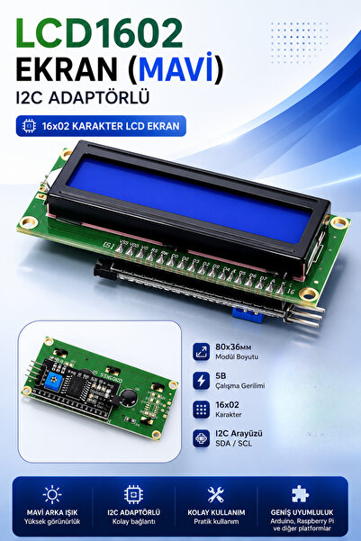 RoboPazar LCD 1602 (16x2) I2C Ekran – Mavi Arka Işıklı