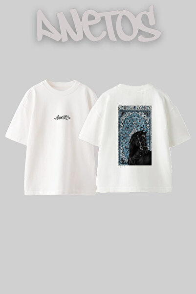 Anetos Black Horse Rug Design Back Printed Cotton White Oversize T-Shirt
